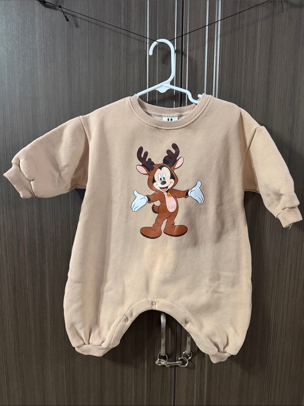 Disney Tan Footed One-Piece with Mickey Reindeer Print - Picture 1 of 6